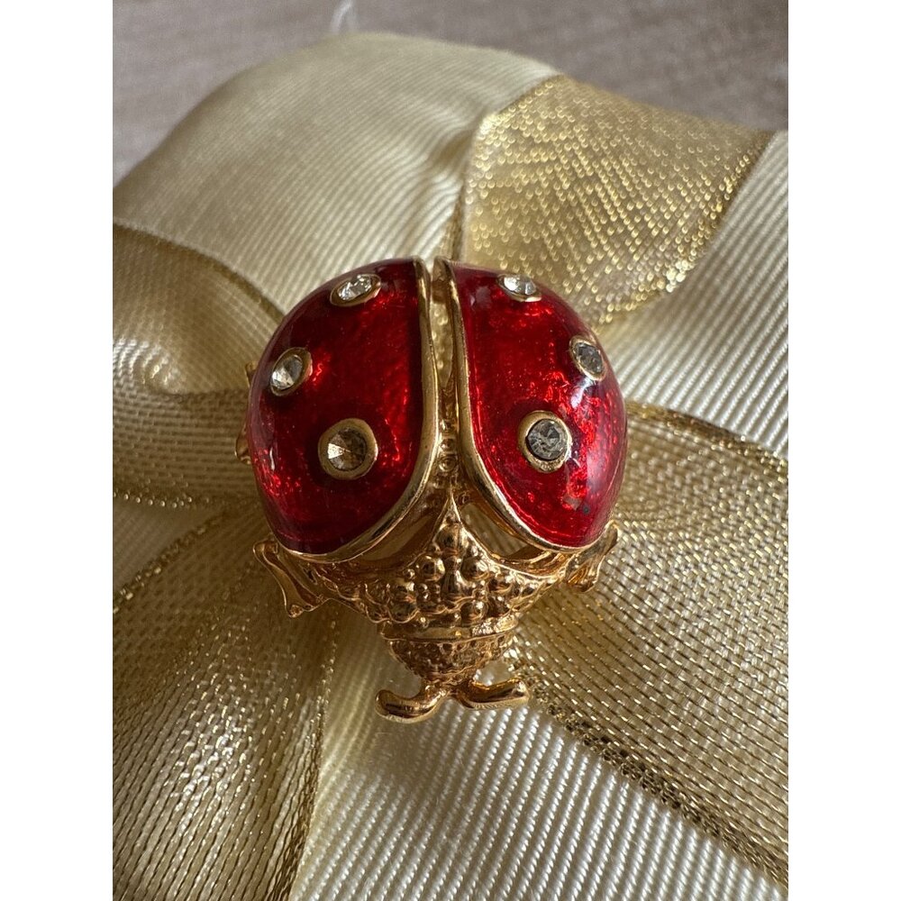 Vintage New View Gold-Tone & Red Enamel Ladybug Brooch With Rhinestone Accents